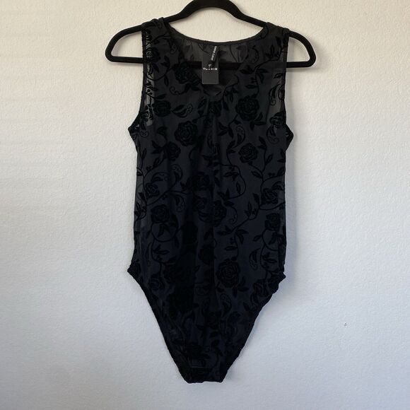 Torrid Tops - Torrid Black Flocked Rose‎ Mesh V-Neck Bodysuit Semi-Transparent 1X Whimsigoth